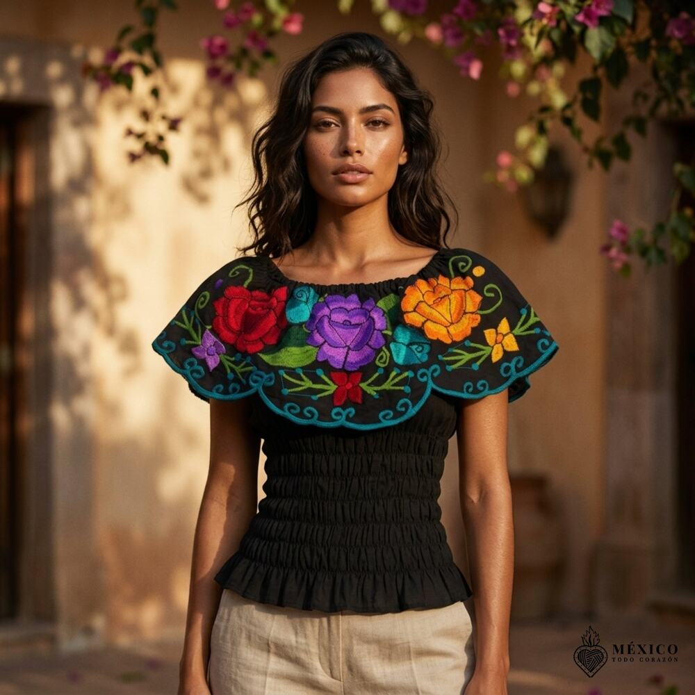 Multicolor  Mexican Chiapas Blouse  Elastic Bodice TraditionalTop XS/S/M